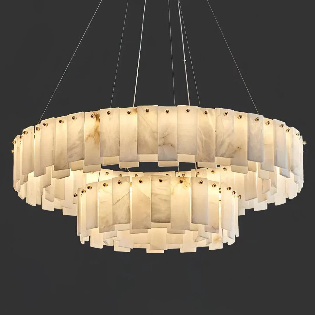 Round disc chandelier with frosted glass panel shades and brass ceiling canopy