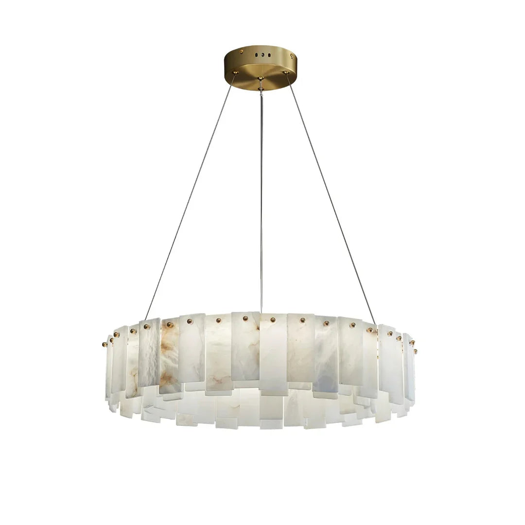 Frosted glass panel disc chandelier with brass canopy and pendant suspension cables