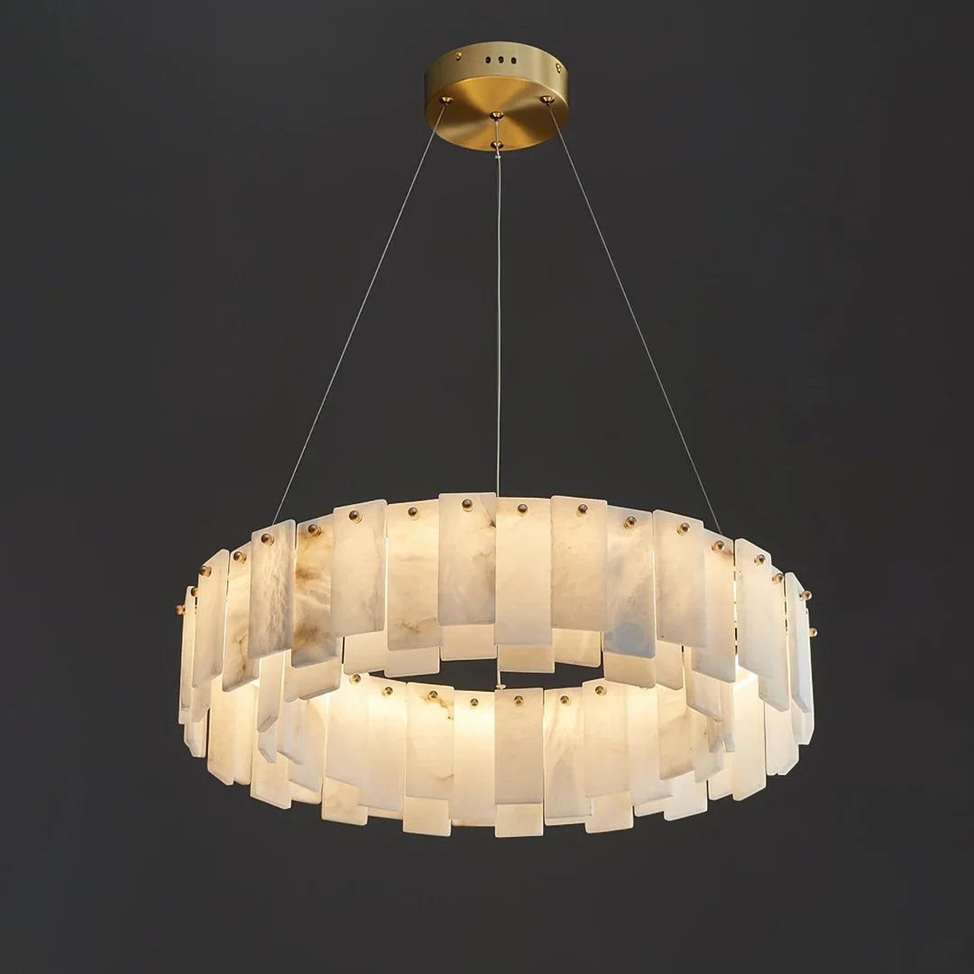 Disc chandelier with frosted glass panel shades and brass canopy on hanging cables