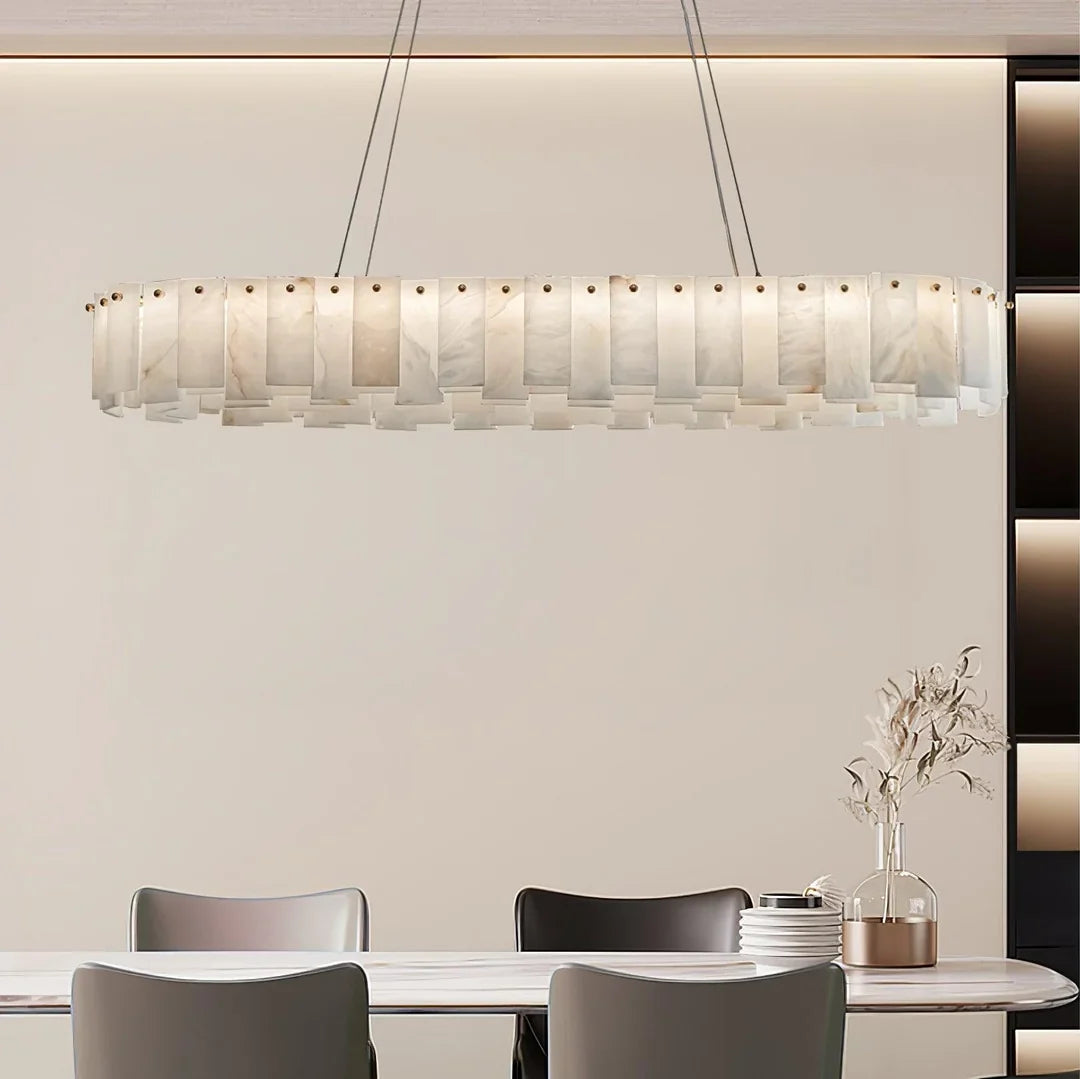 Pendant disc chandelier featuring frosted alabaster glass panels around a round frame