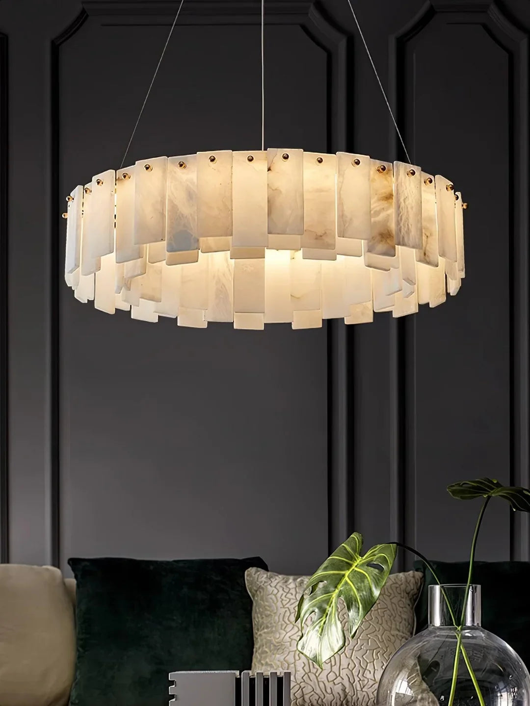 Round disc chandelier with frosted alabaster glass panels and gold canopy, open frame