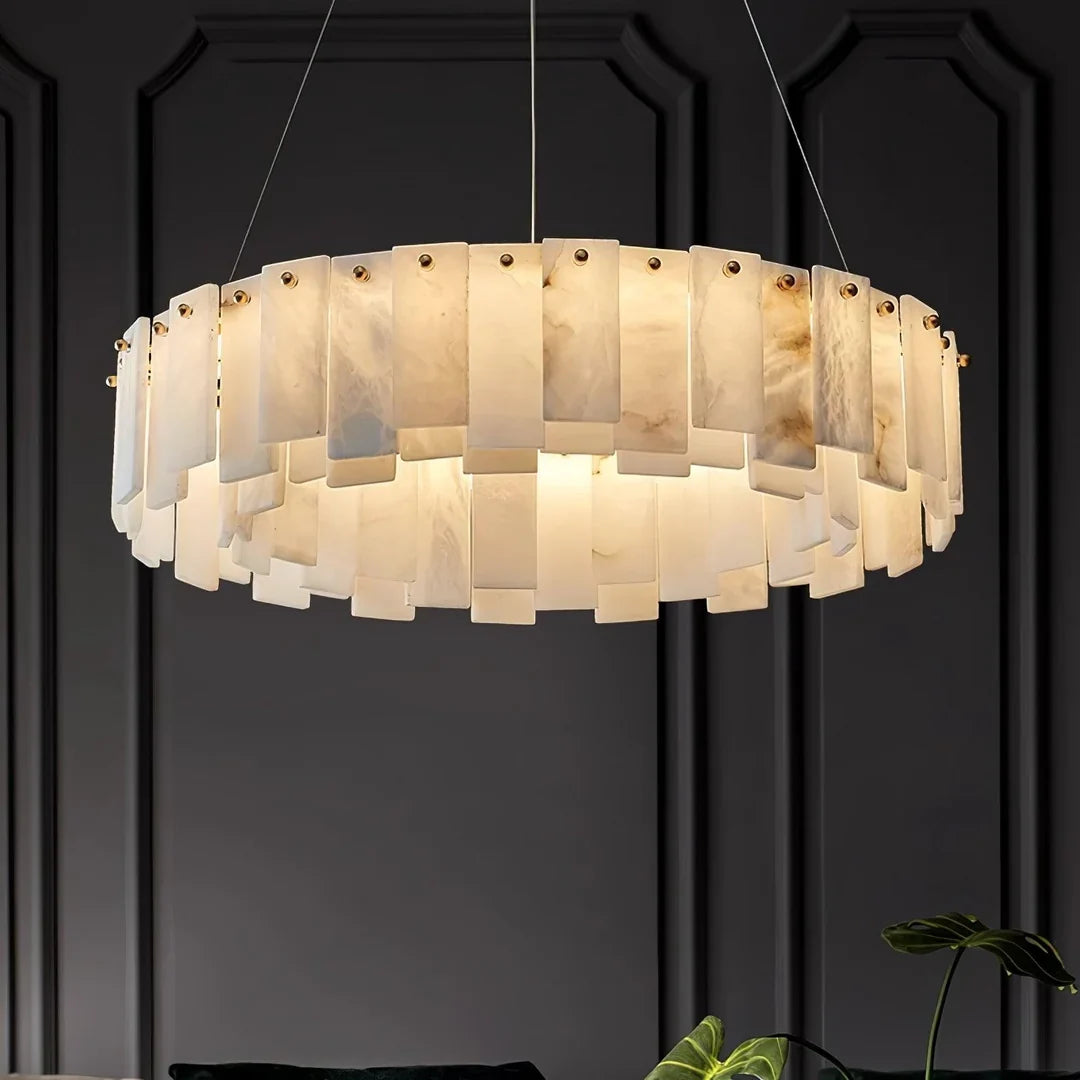 Central disc chandelier with frosted alabaster glass panels and gold-tone suspension rods