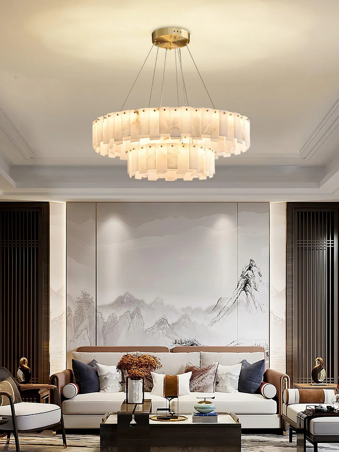Ceiling-mounted disc chandelier with frosted alabaster glass panels and gold canopy