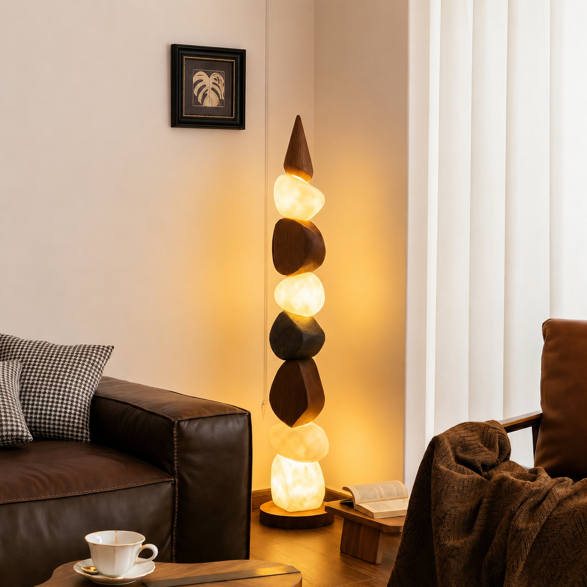 Stacked pebble floor lamp featuring faceted glowing stones and slim round base