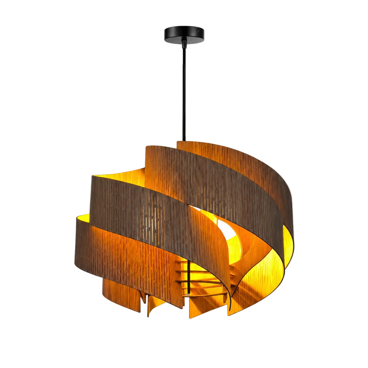 Natural wood spiral chandelier with black canopy and warm glowing rings