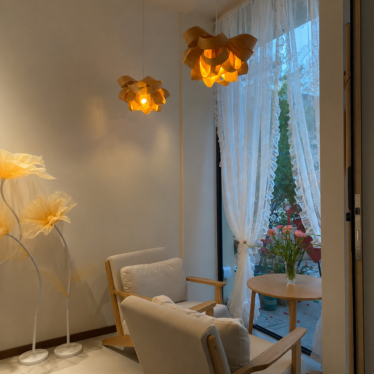Wood veneer pendant light with layered ribbon shades, warm lit glow