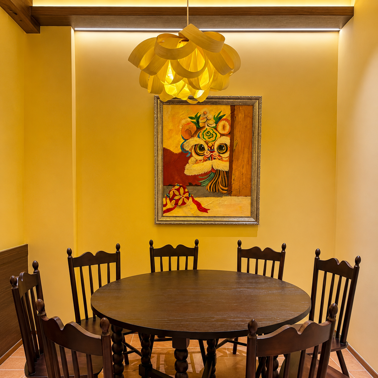 Light wood veneer pendant light with layered ribbon shades, warm lit glow