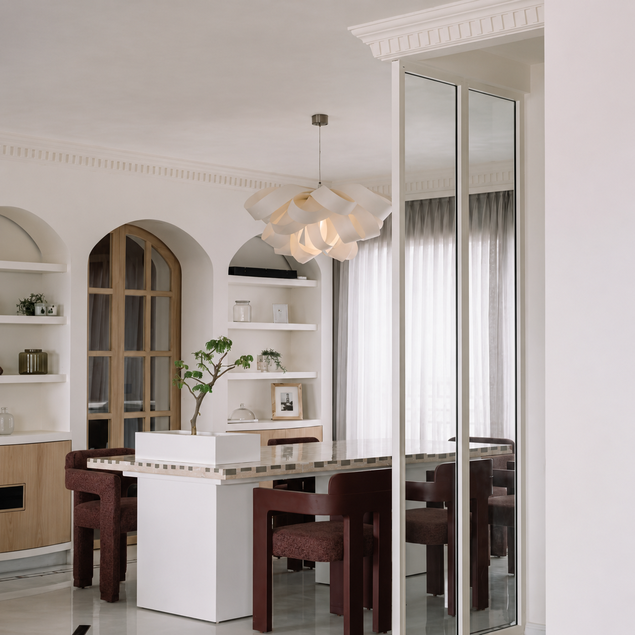 White-toned wood veneer pendant light with layered ribbon shades, ceiling-hung