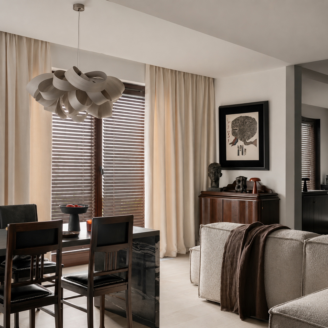 Light wood veneer pendant light with layered ribbon-like shades, soft warm light