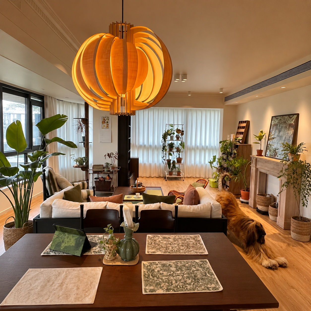 Walnut wood orb pendant light with circular layered slats and black ceiling canopy.