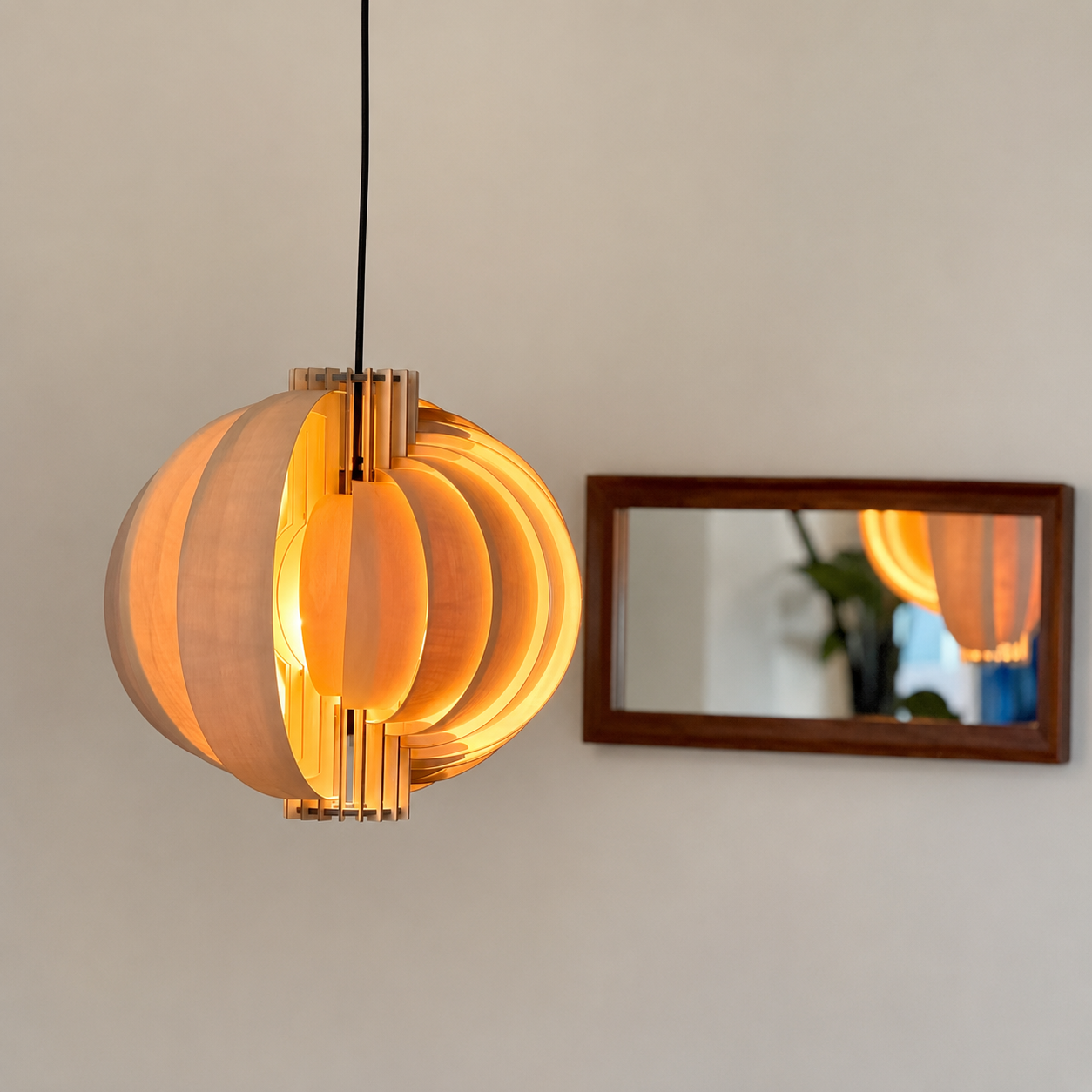 Wood orb pendant light detail with glowing layered ring shades and metal collar
