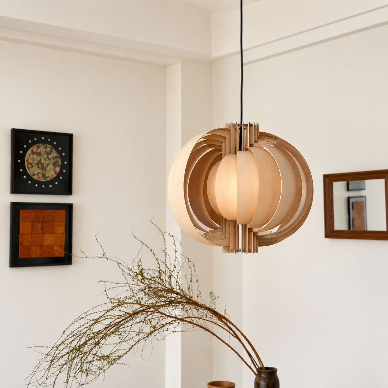 Wood orb pendant light with layered ring shades and central diffused glow