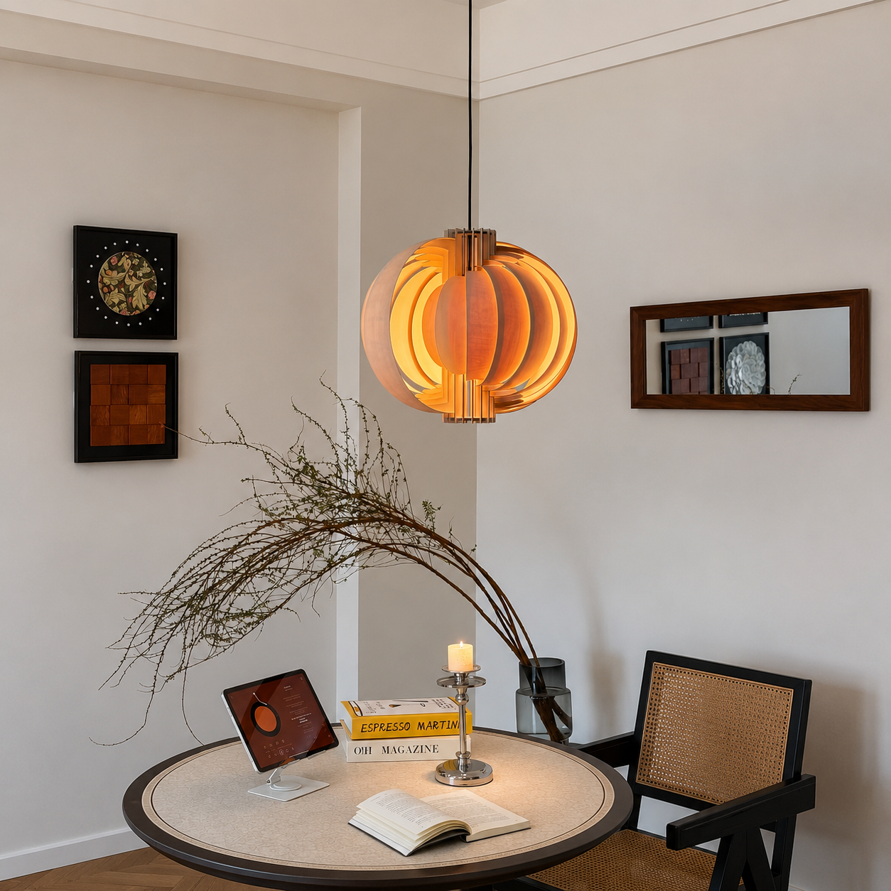 Warm-glowing wood orb pendant light with layered ring shades and metal hanging frame