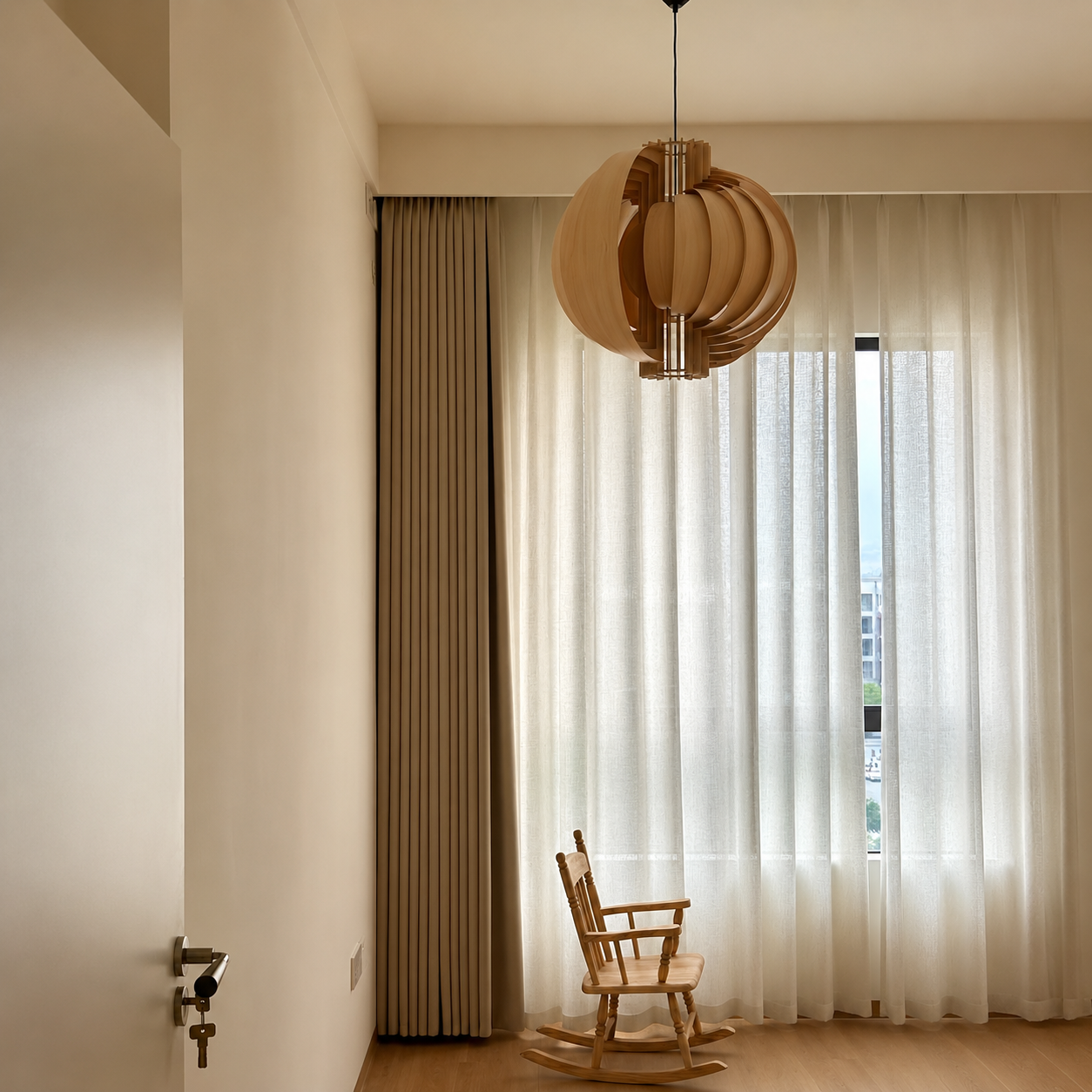 Wood orb pendant light with layered ring shades, warm glow, and black cord