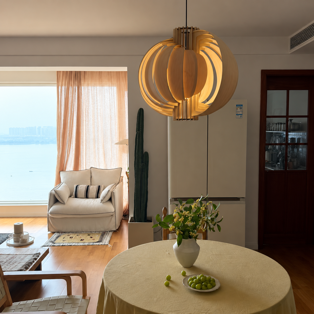 Wood orb pendant light with warm glow from layered ring shades and black mount