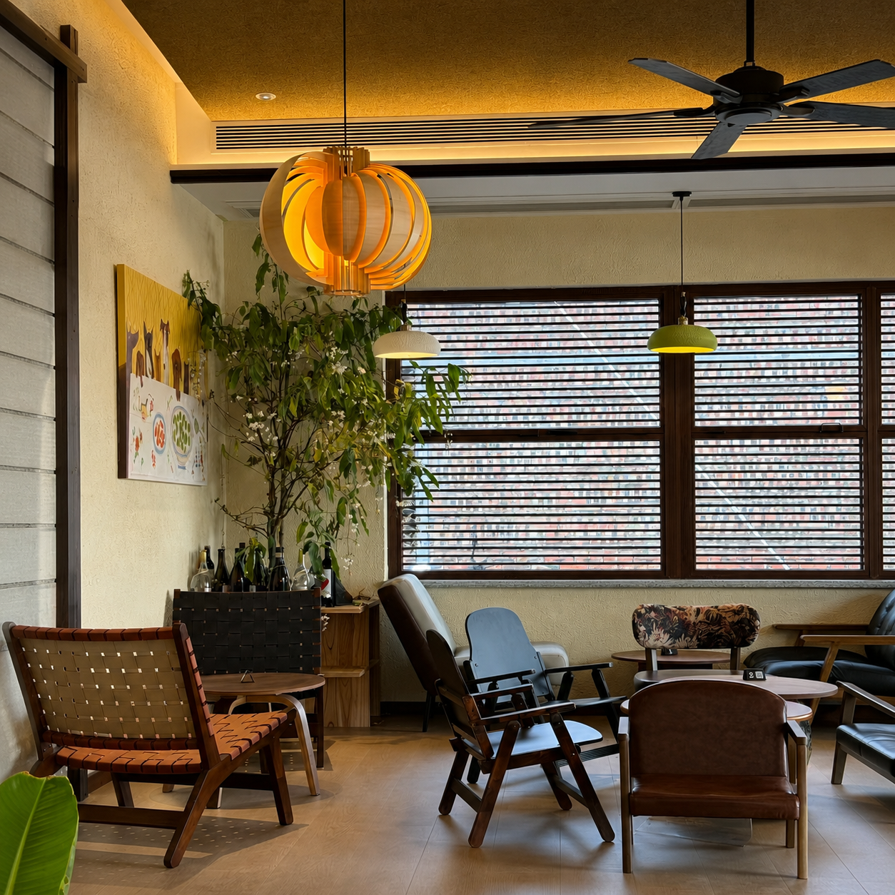 Glowing wood orb pendant light with layered ring shades and metal accents