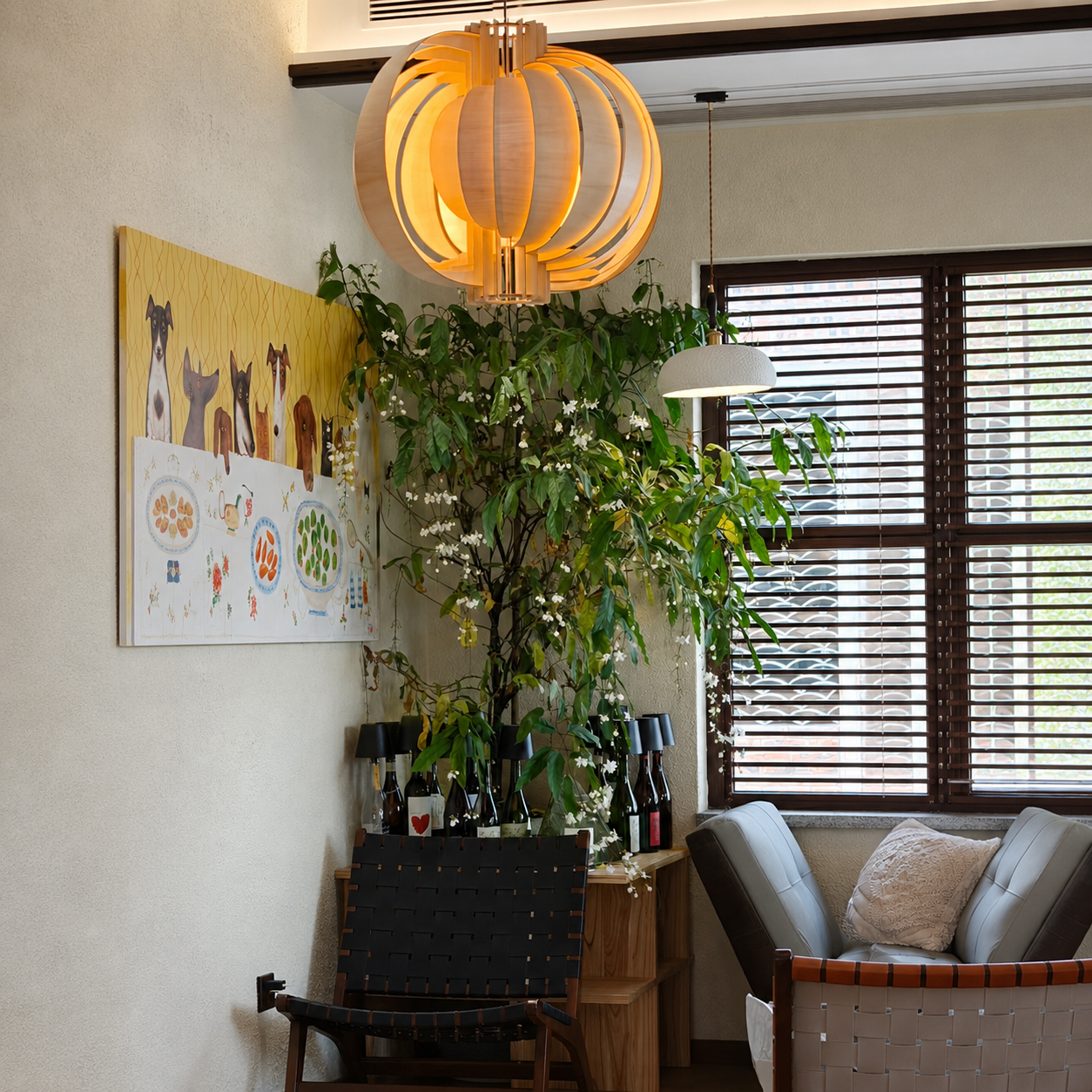 Warm-glowing wood orb pendant light with layered ring shades and vertical metal bars