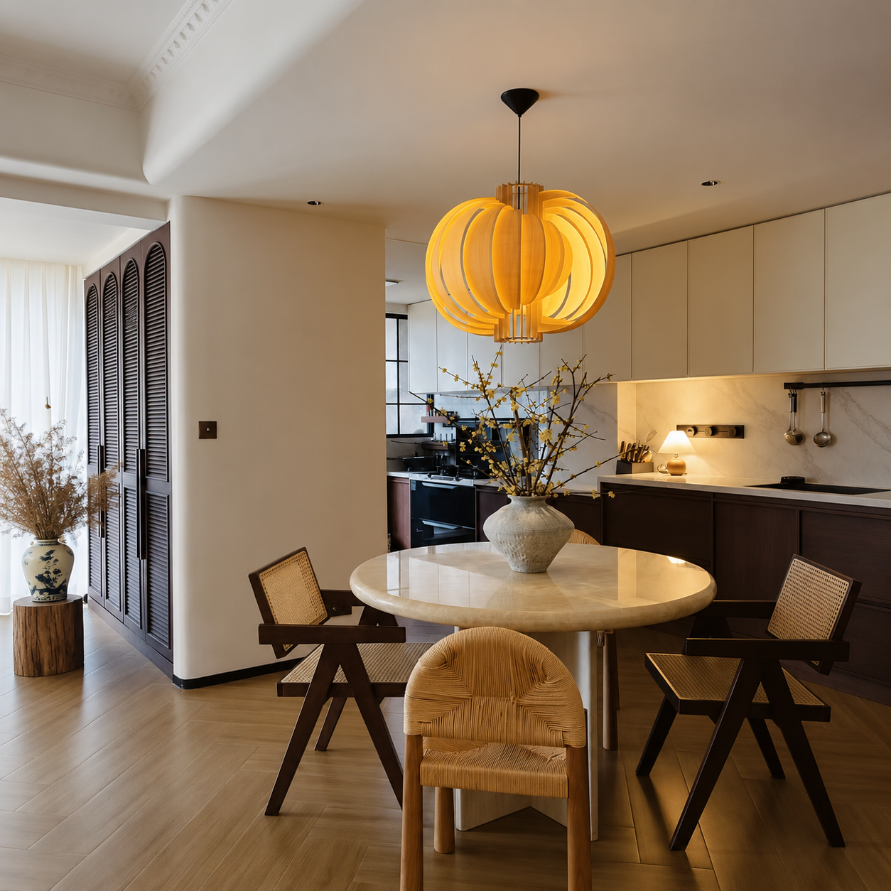 Glowing wood orb pendant light with layered ring shades and slim metal stem