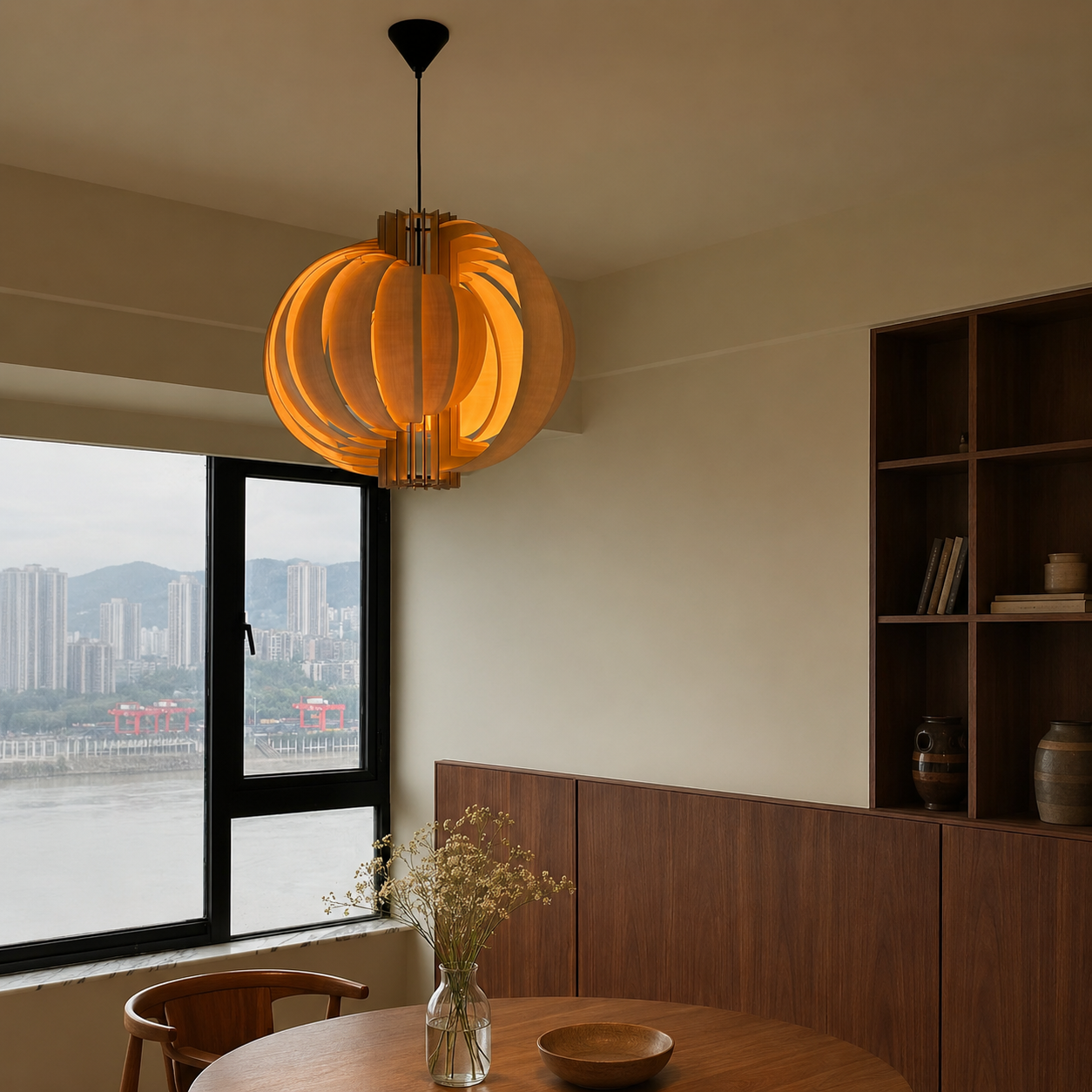 Walnut wood orb pendant light with layered ring design and black canopy over table.