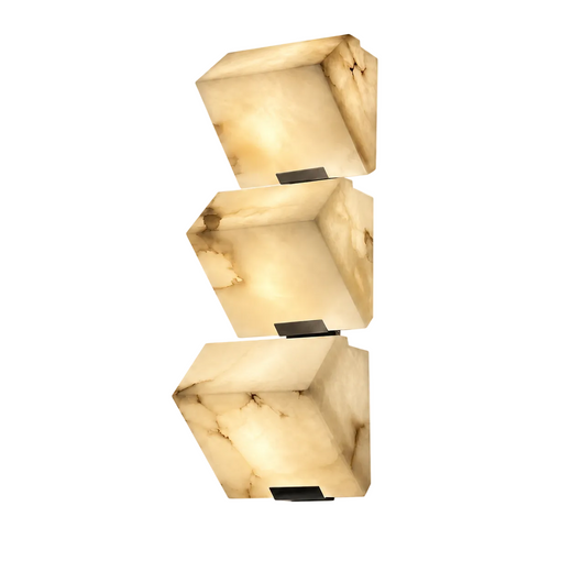 Triple alabaster cube wall sconce with three stacked shades and black bases