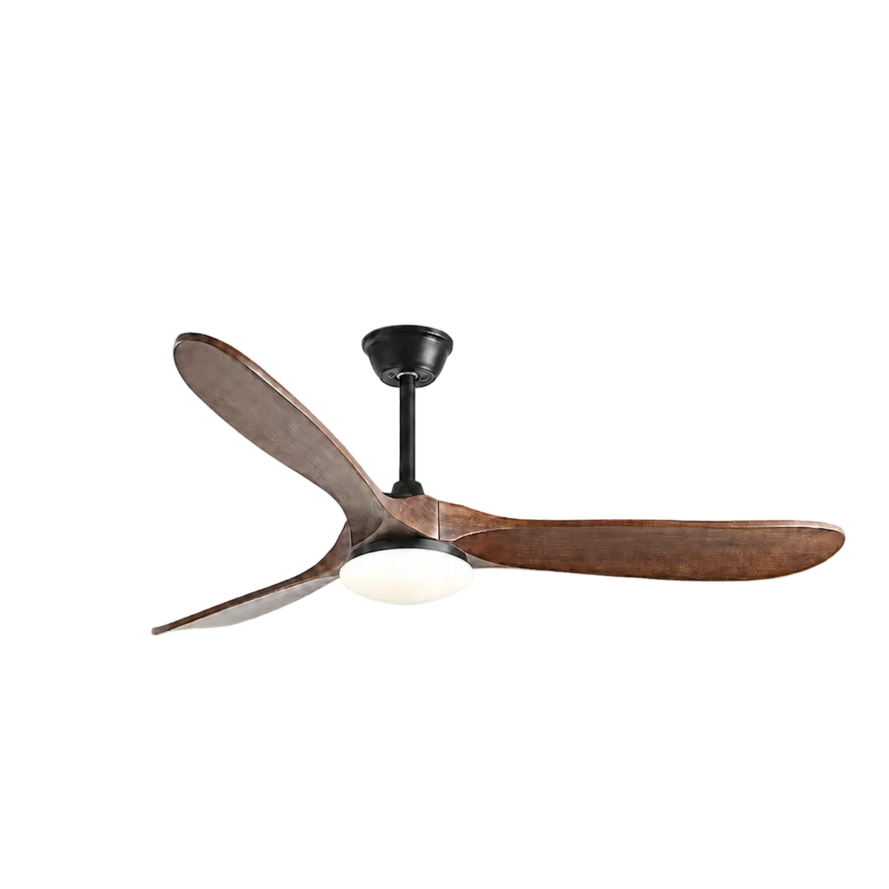 Ceiling fan with dark walnut blades, black motor, and white frosted light cover