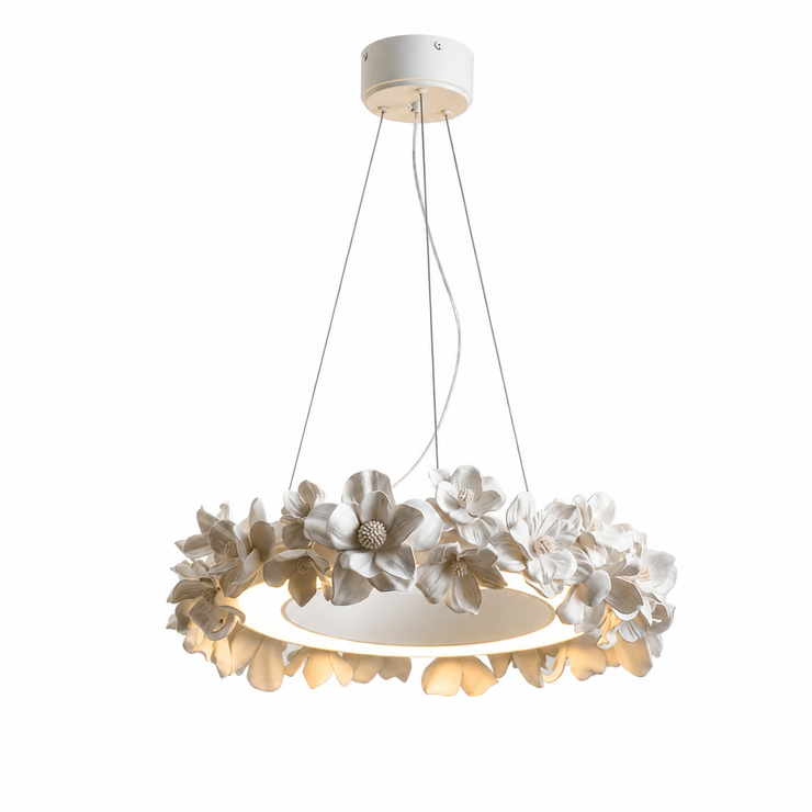 Floral ring chandelier with white canopy, circular light ring, and hanging flower clusters