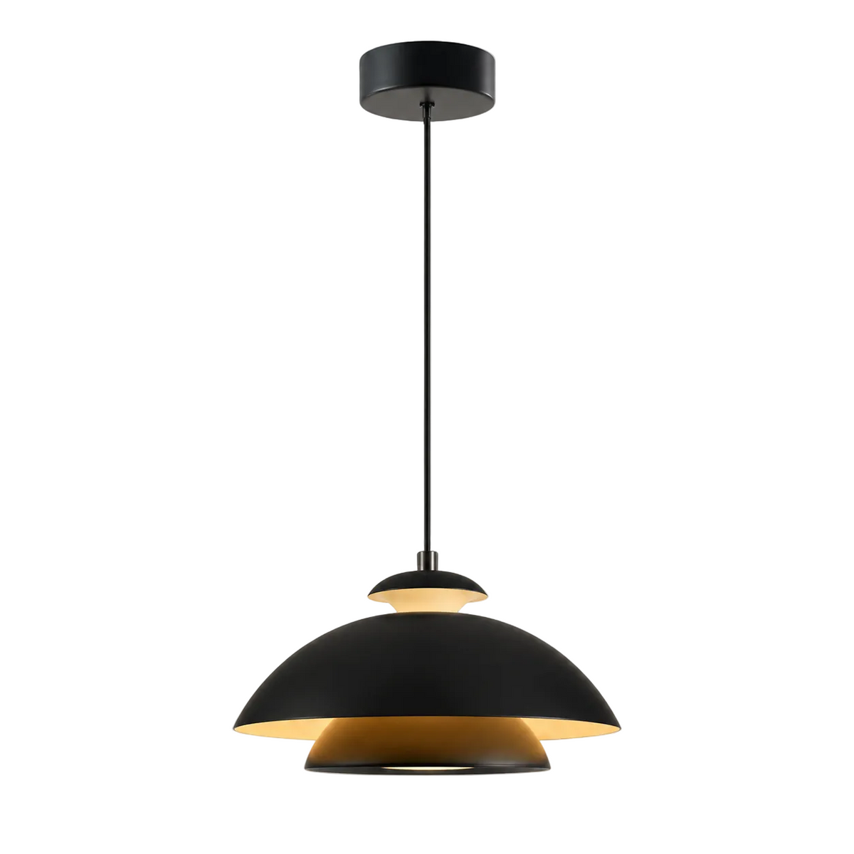 Black dome pendant light with stacked metal shades and warm underglow.
