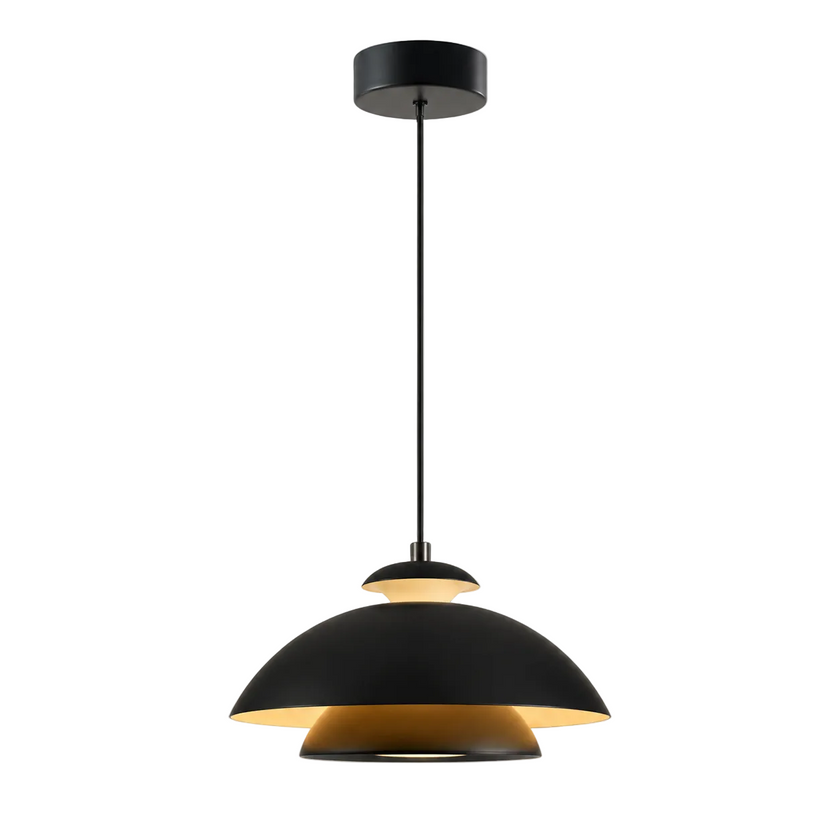 Black dome pendant light with stacked metal shades and warm underglow.