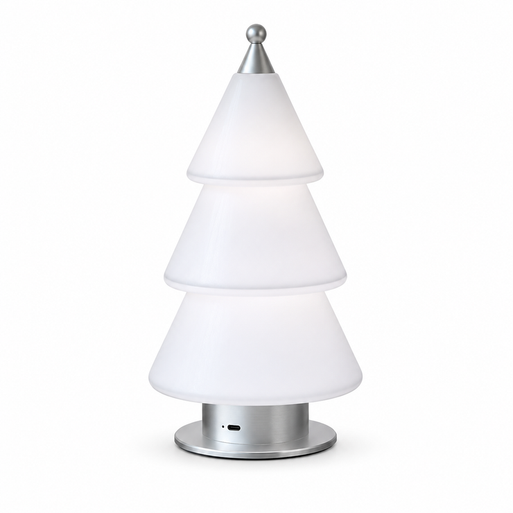 Frosted glass tree table lamp with metallic base, cordless design, warm glow.