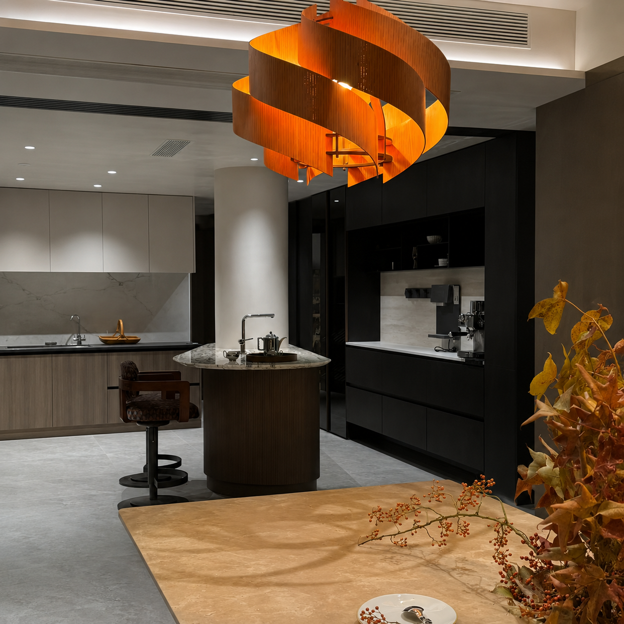 Natural wood spiral pendant chandelier with layered curved bands and warm interior glow