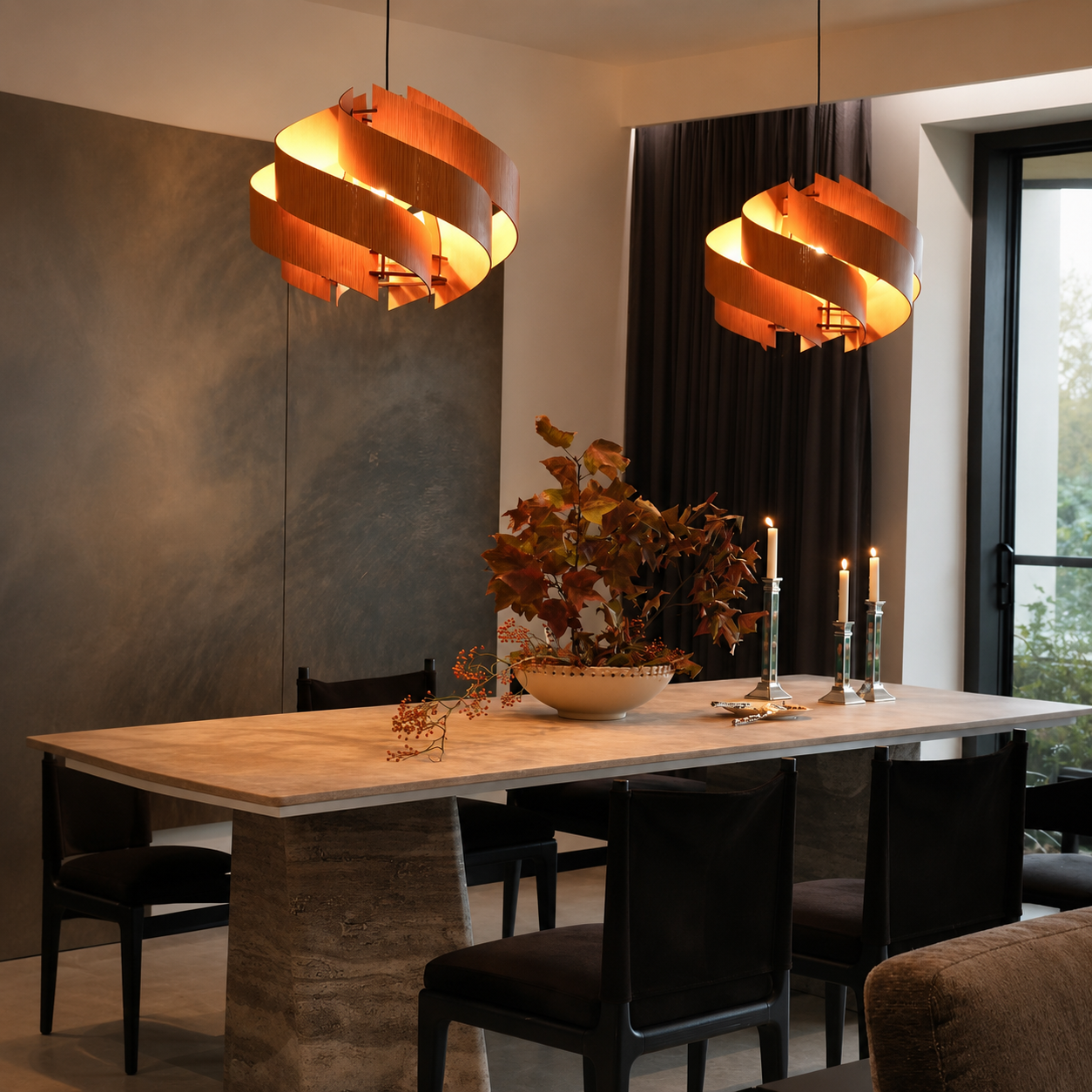 Natural wood spiral pendant chandelier with warm orange glow, layered curved wood bands