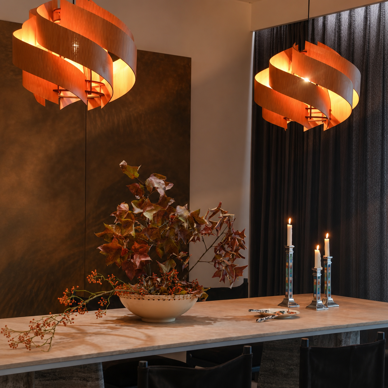 Natural wood spiral pendant chandelier with warm glow and layered curved wood bands