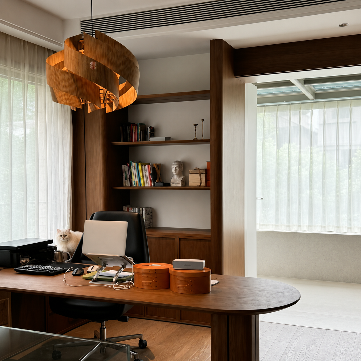 Natural wood spiral pendant chandelier with warm light, curved wood bands and black cord