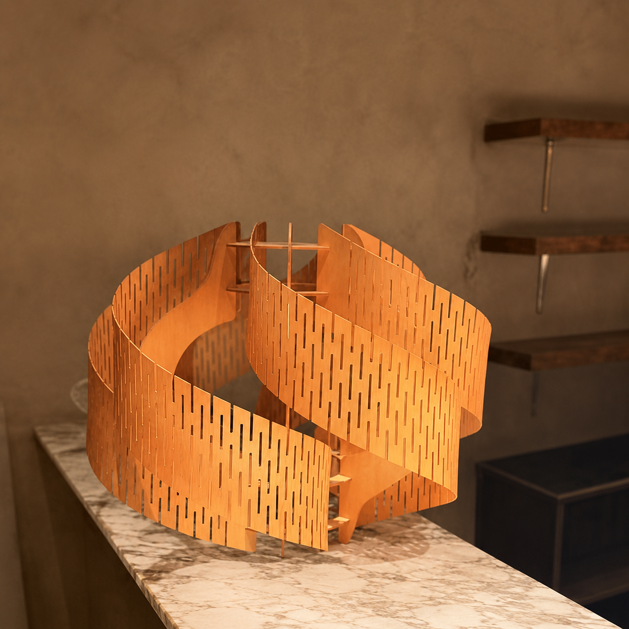 Natural wood spiral chandelier close-up of curved slatted bands with warm interior light