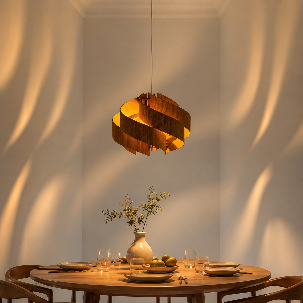 Natural wood spiral pendant chandelier centered overhead with warm glow and black cord