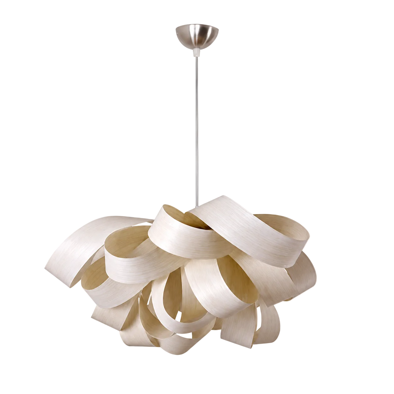 Light wood veneer pendant light with layered ribbon-like shades and metal canopy