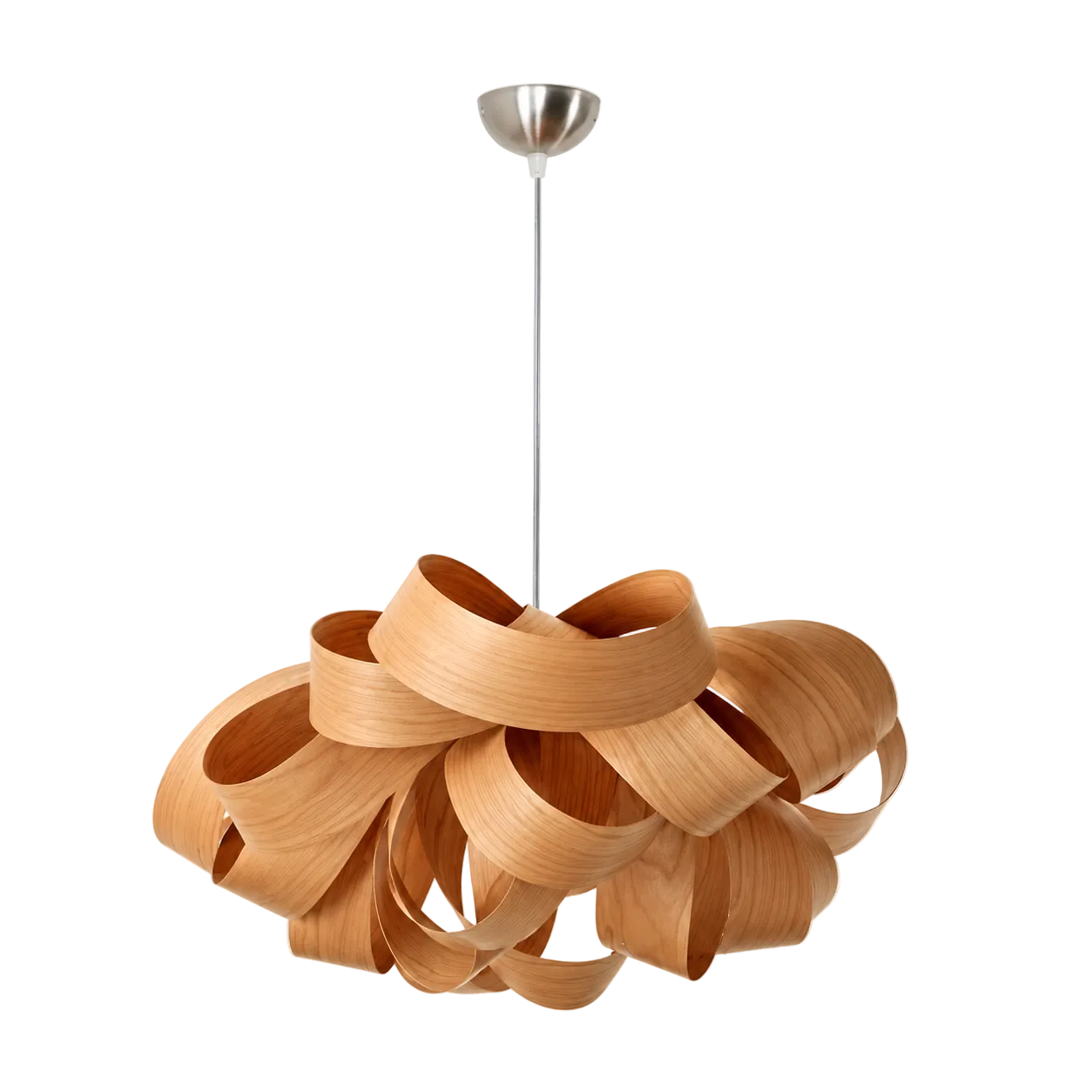 Natural wood veneer pendant light with layered ribbon-like shades and metal canopy