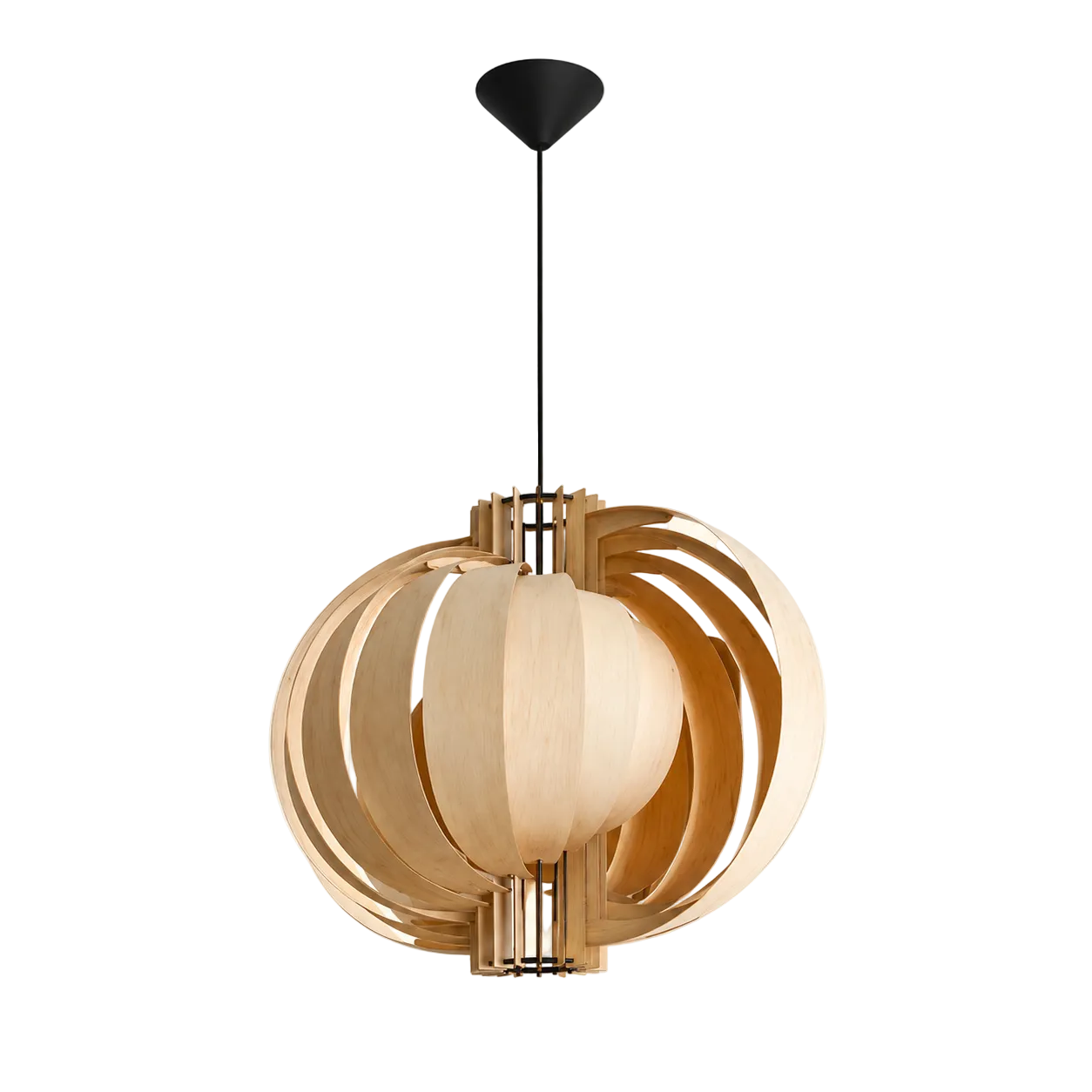 Cotton white and light wood orb pendant light with layered ring shade and black canopy.