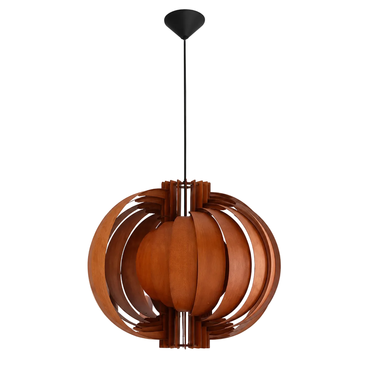 Walnut wood orb pendant light with layered circular slats and black canopy