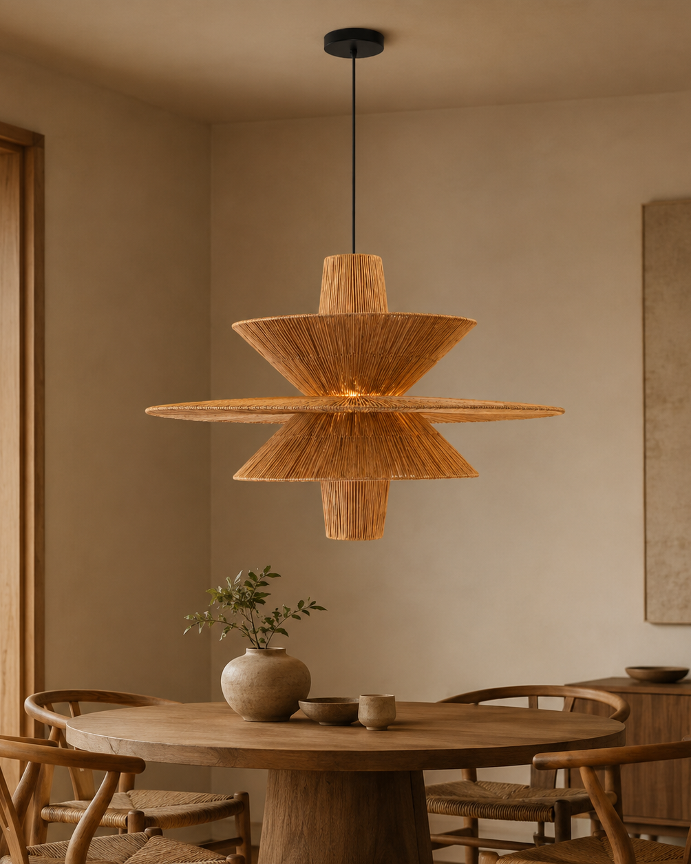 Raffia Tiered Disc Pendant Light handcrafted lighting design by SolenaLighting