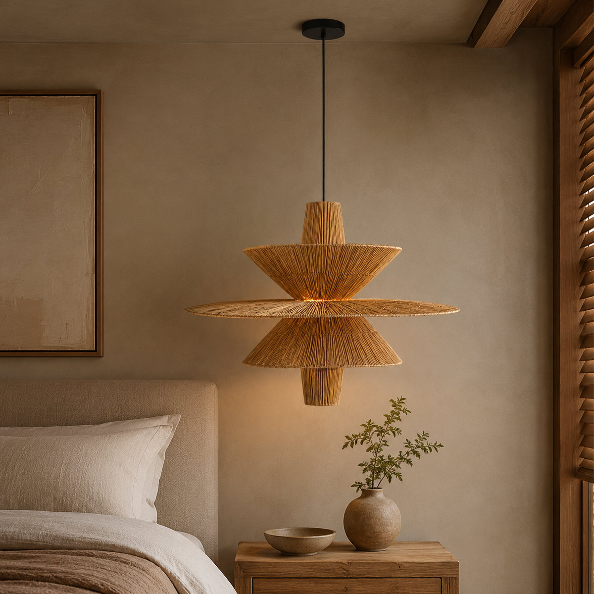 Form and silhouette detail of Raffia Tiered Disc Pendant Light