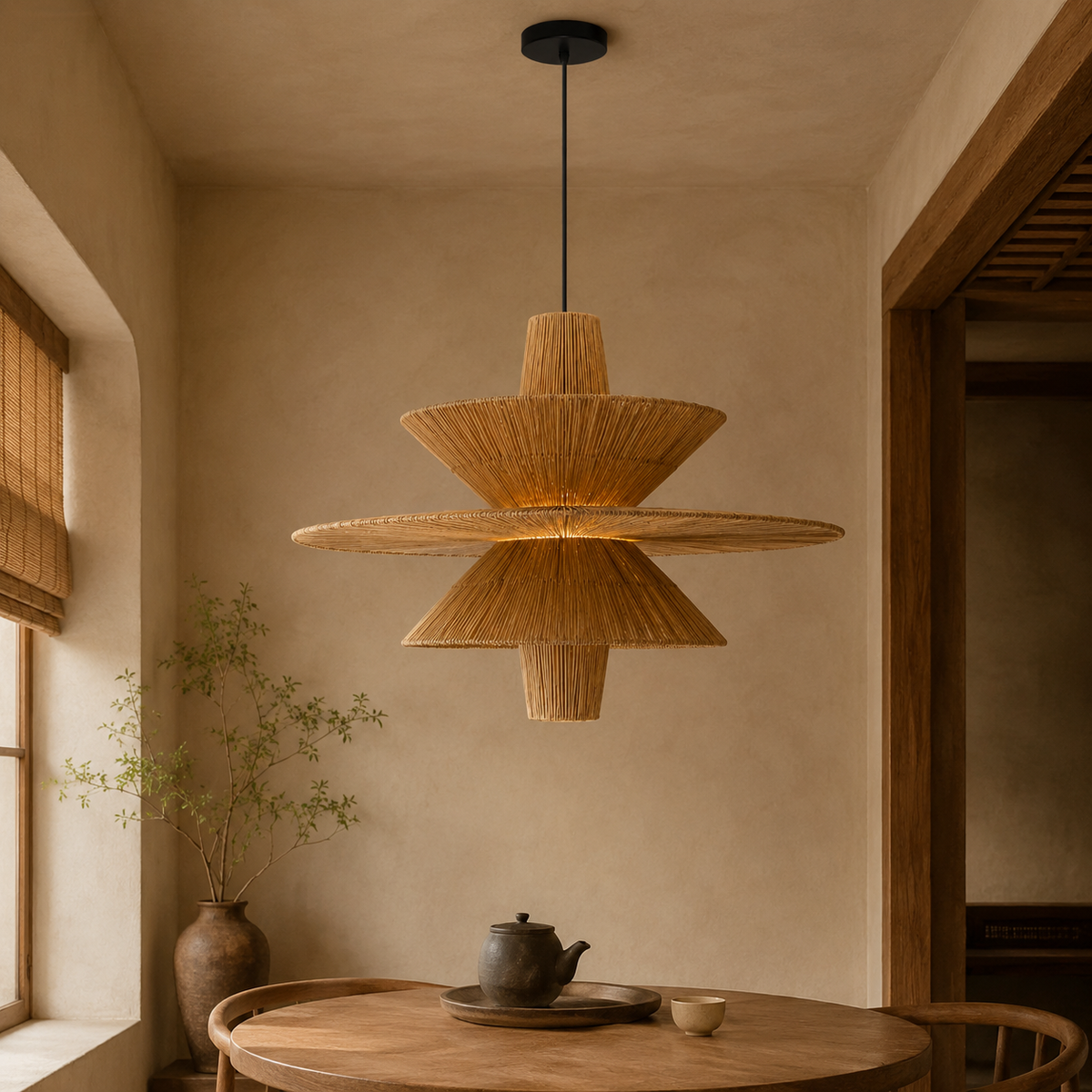 Natural material texture detail of Raffia Tiered Disc Pendant Light