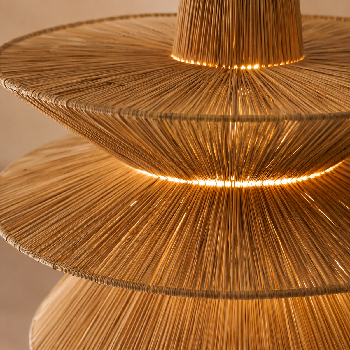 Joinery and hardware detail of Raffia Tiered Disc Pendant Light