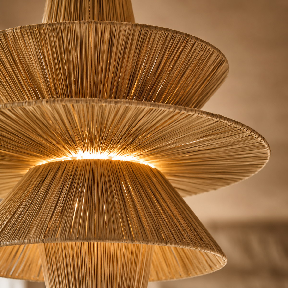Finished craftsmanship detail of Raffia Tiered Disc Pendant Light