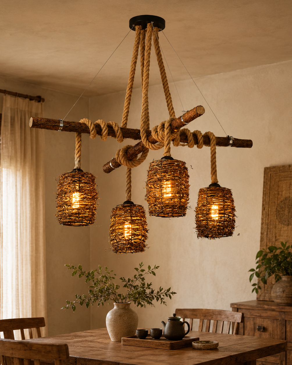 Rattan Cluster Pendant Light handcrafted lighting design by SolenaLighting