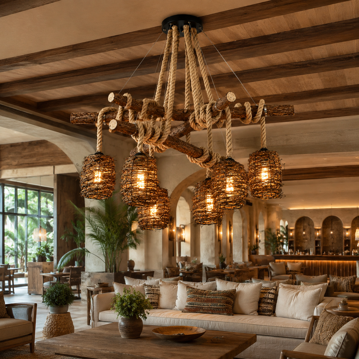 Rattan Cluster Pendant Light styled in a warm natural interior