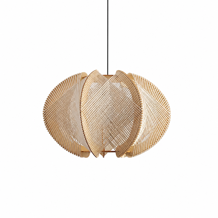 Orbit pendant lamp with layered beige woven shade and gold-toned accents