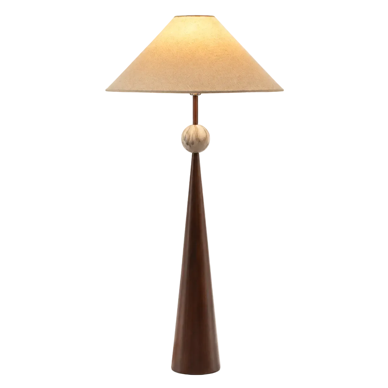 Walnut floor lamp with linen fabric shade, spherical finial, and tall tapered wooden base