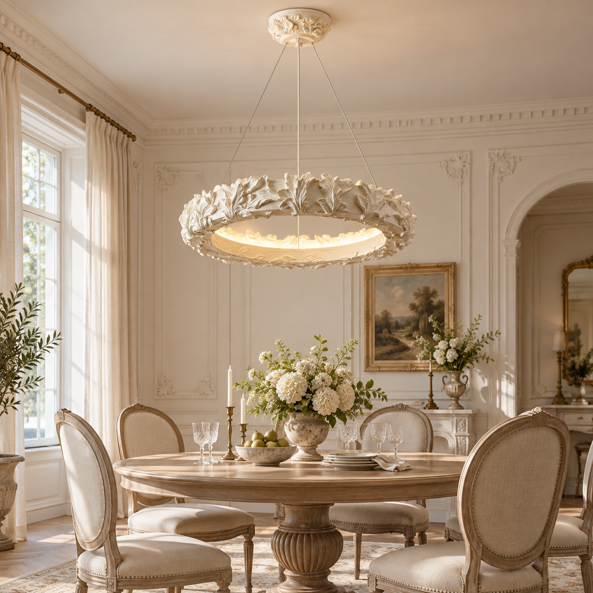 Leaf ring chandelier with sculpted leaf rim and warm glowing circular center light