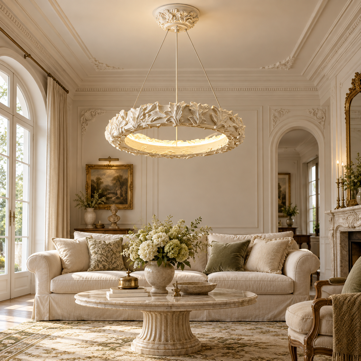 Sculptural leaf ring chandelier with glowing circular light and ornate ceiling canopy